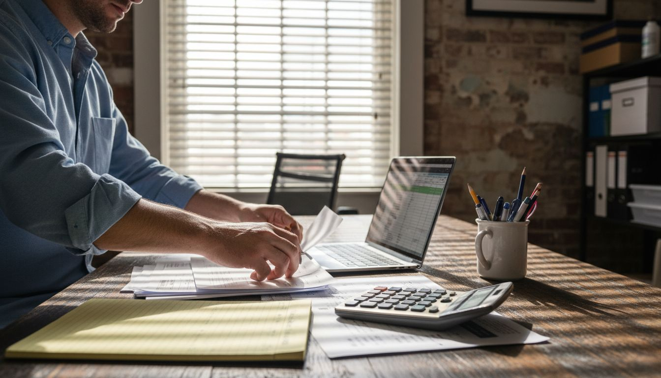 Owner sorting invoices for bookkeeping workflow