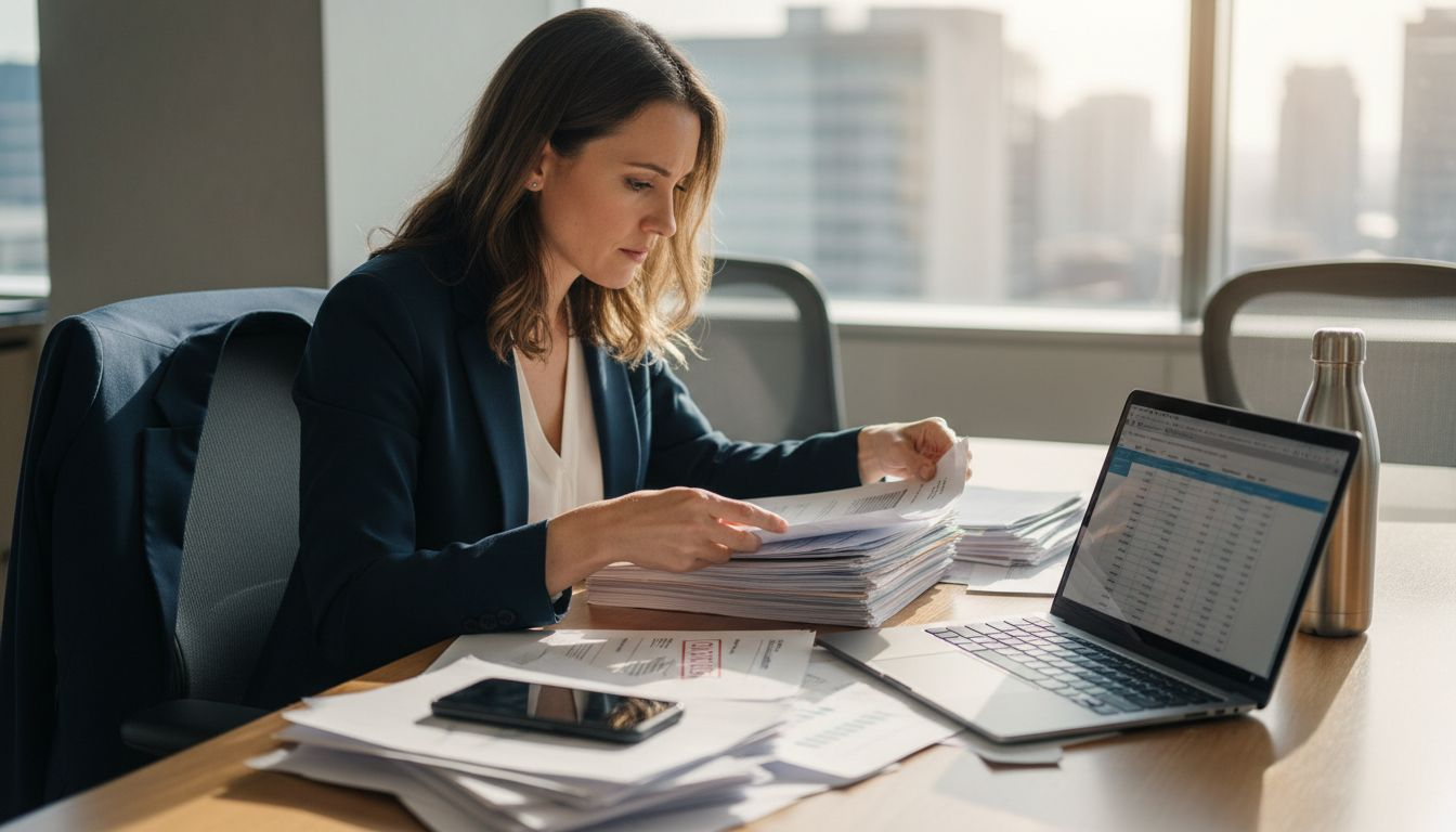 Owner sorting financial reports at table