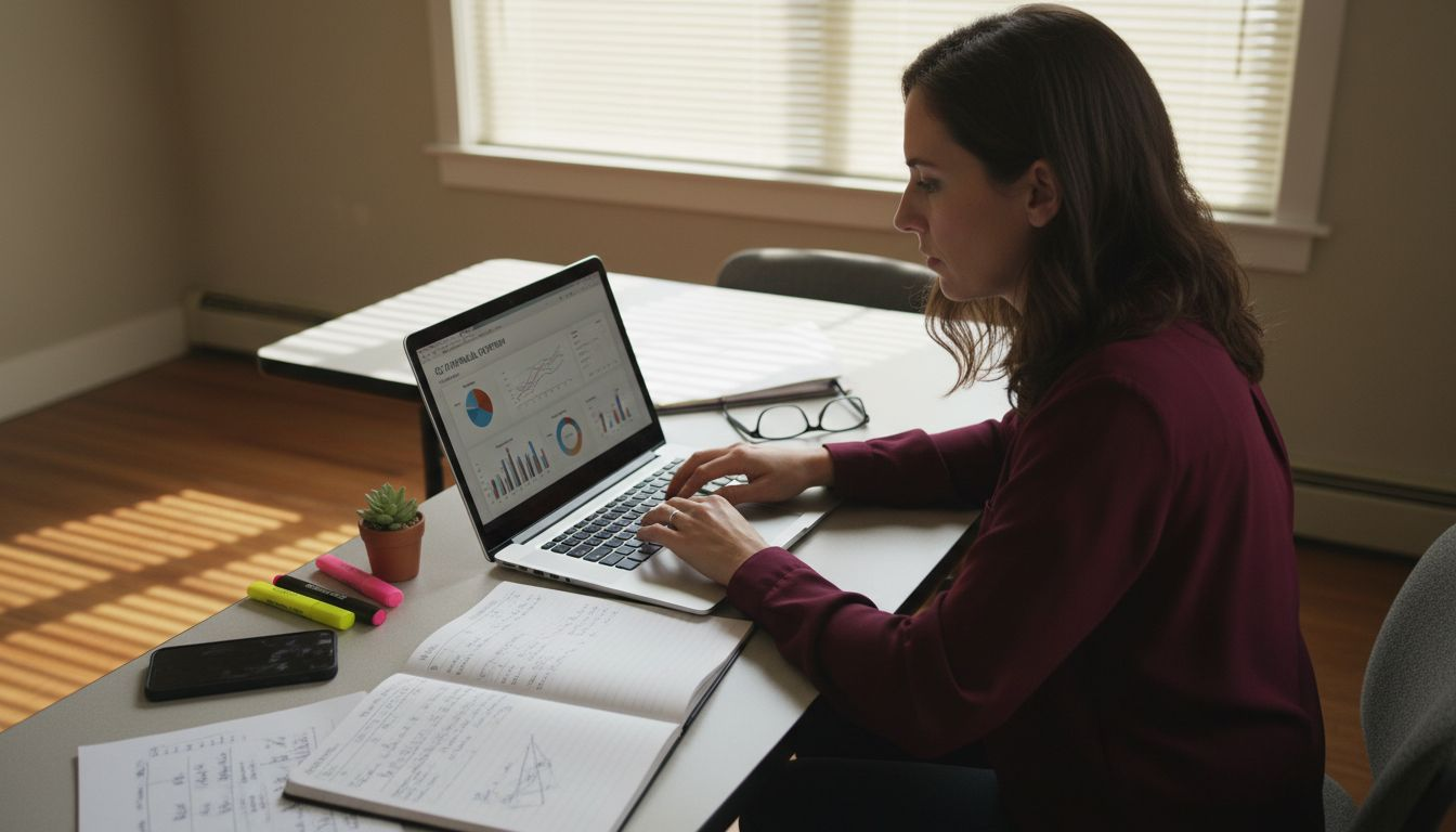 Woman updates financial dashboard at cluttered table