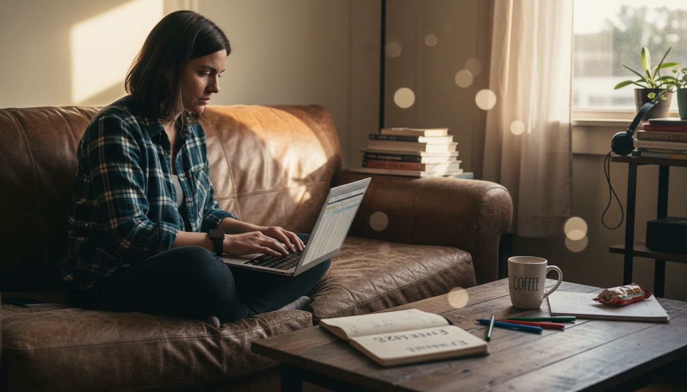 Woman categorizing income and expenses in spreadsheet
