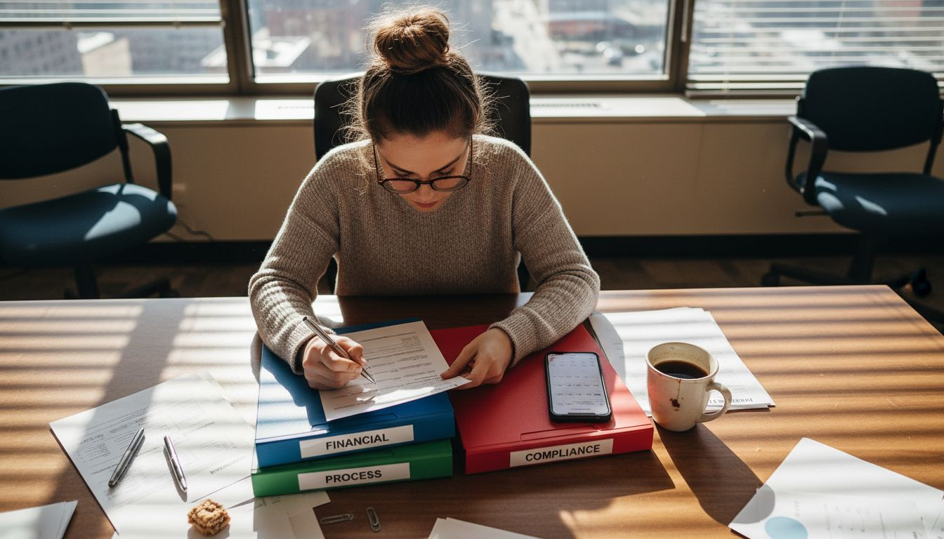 Accountant organizing audit types in Kansas City office