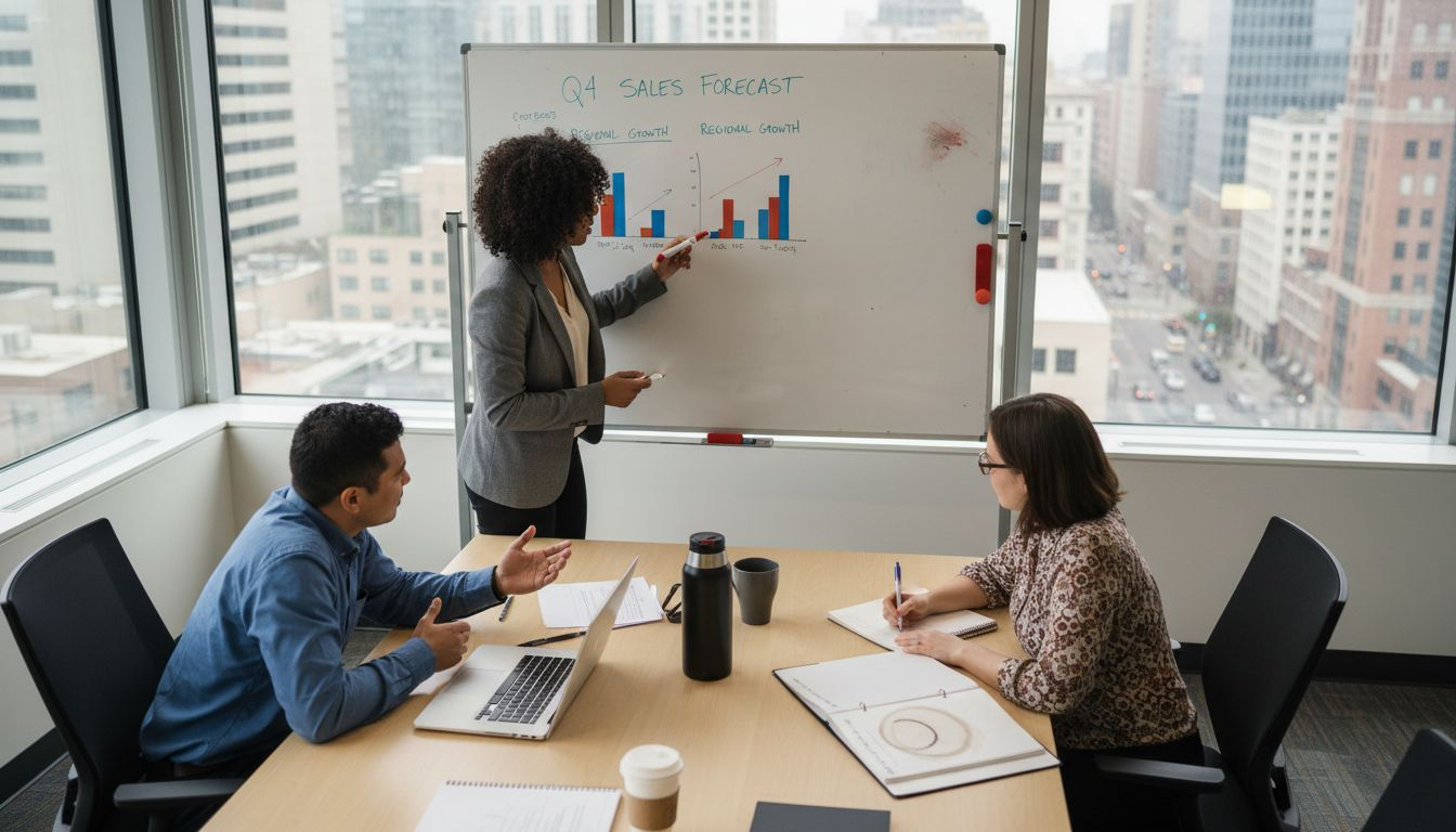 Team reviewing sales forecasts during budget meeting