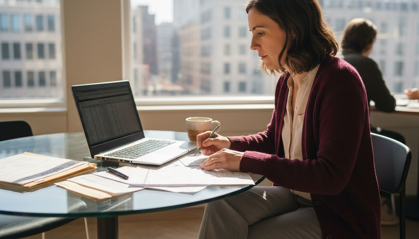 Woman reconciling bank statements at desk
