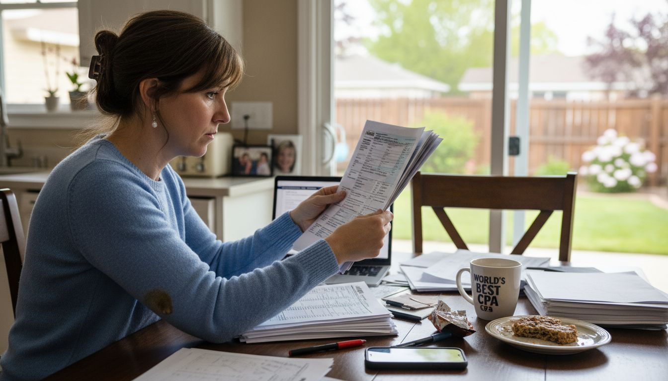 Accountant reviewing tax documents at kitchen table