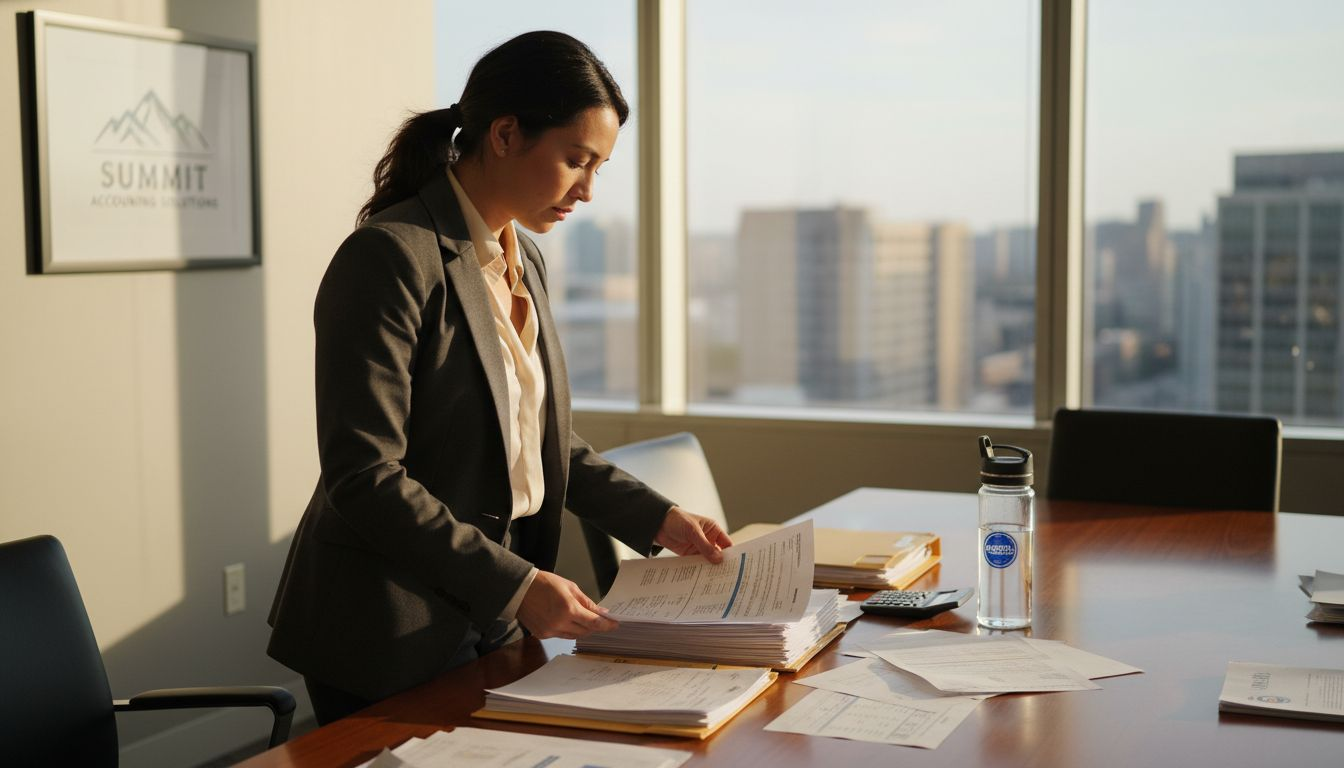Auditor checks business records at conference table
