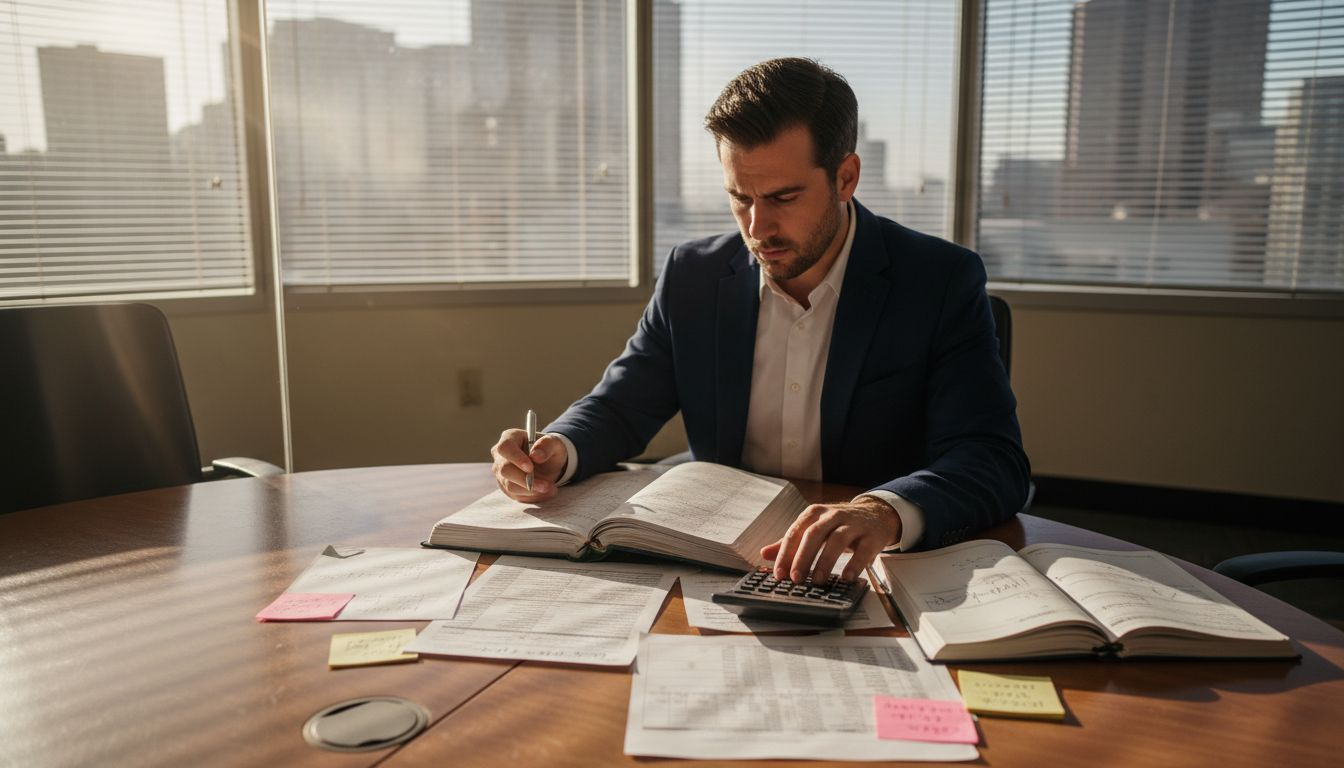 Loan officer examines business financial documents