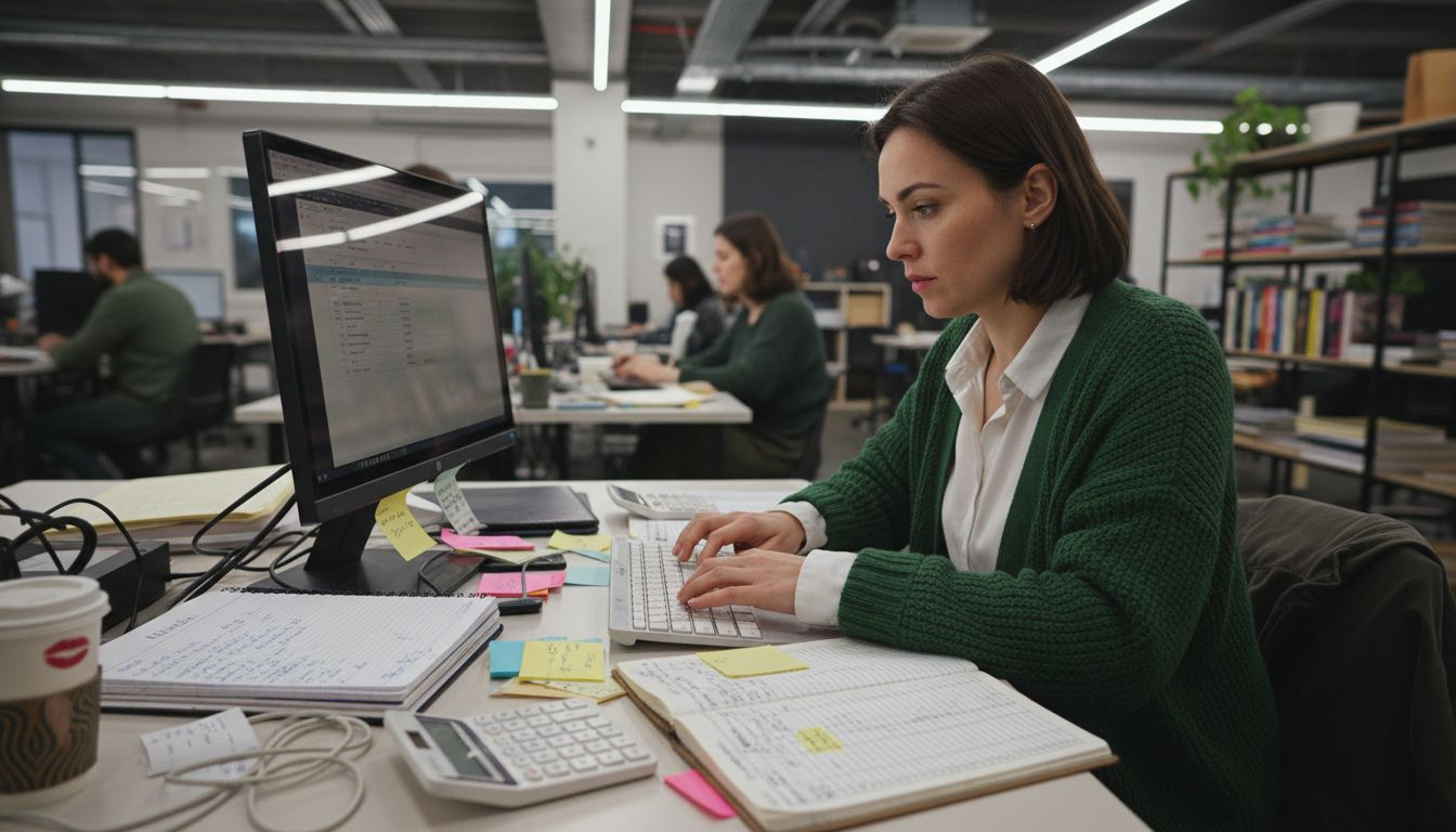 Bookkeeper entering double-entry ledger records