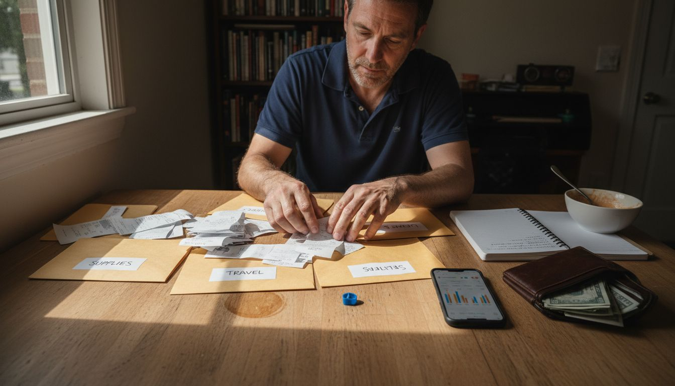 Business owner sorting expense receipts