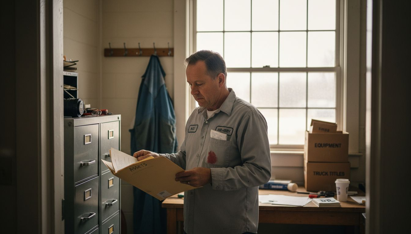 HVAC owner reviewing asset folder in break room