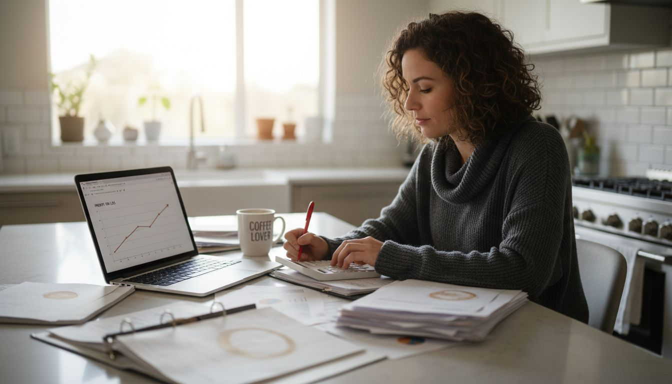 Woman analyzing profit loss statement at home