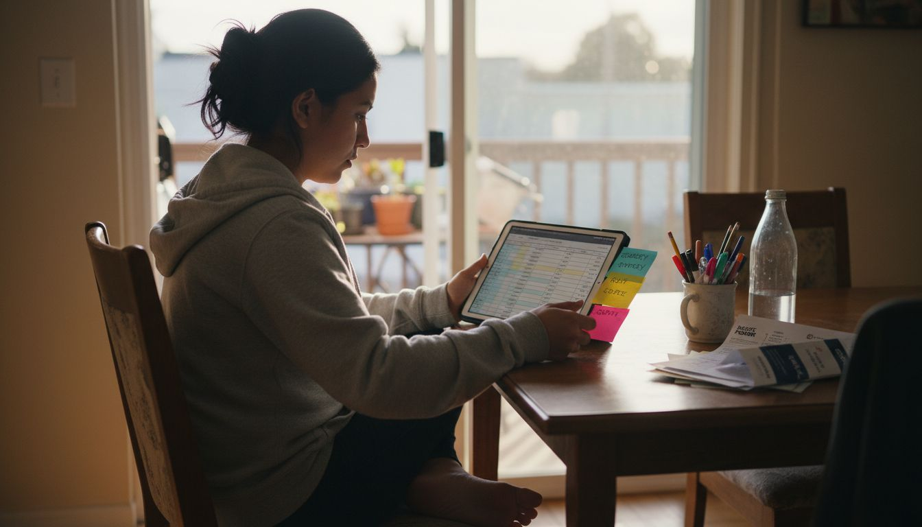 Woman automating bookkeeping at kitchen table