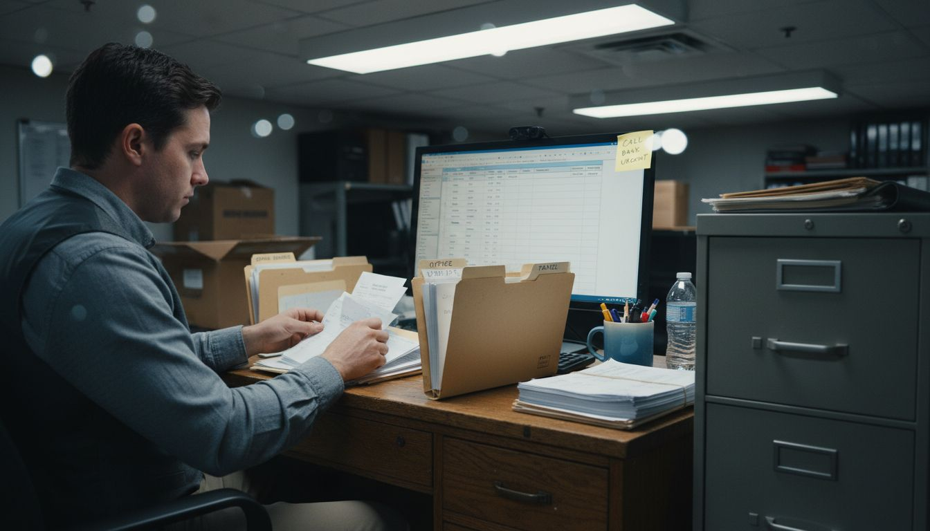 Bookkeeper organizing receipts and folders for taxes