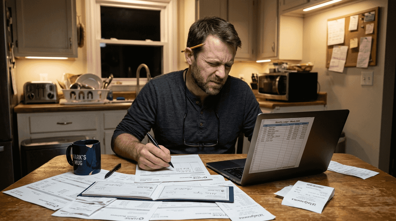 Business owner reconciling bank statements