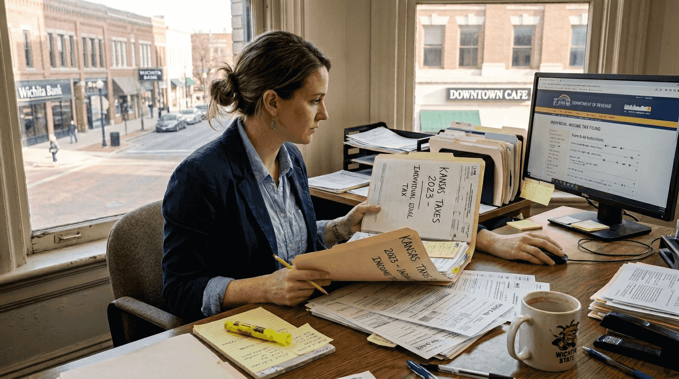 Woman reviewing Kansas tax law documents
