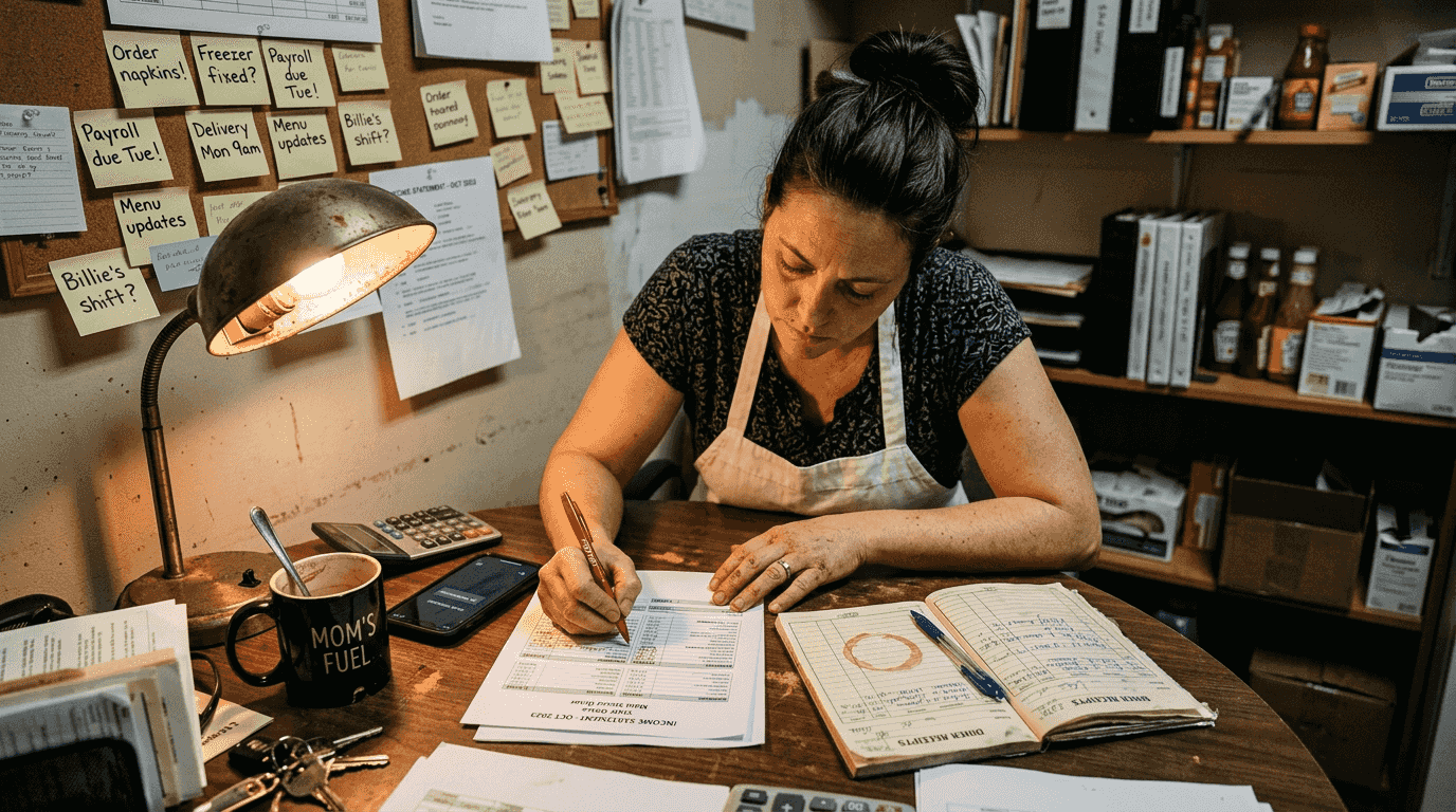 Restaurant owner reviewing income statement paperwork
