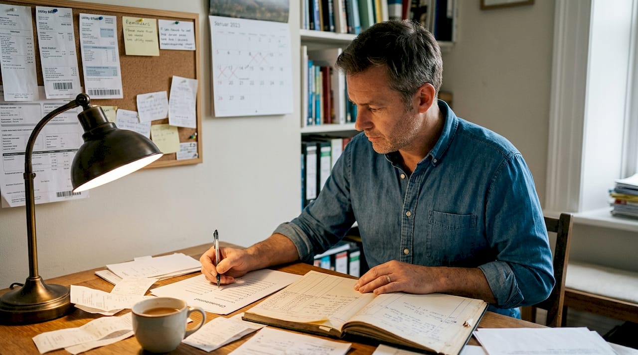 Bookkeeper verifying entries using paper checklist