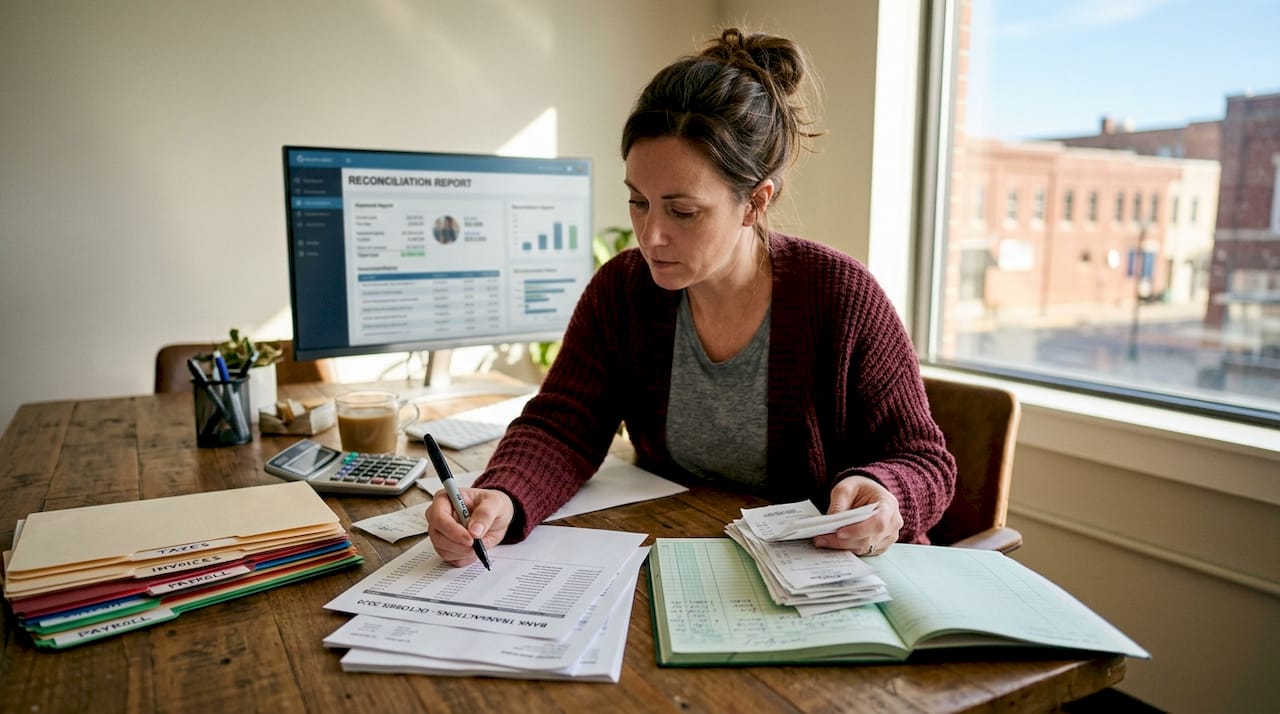 Owner reconciling accounts with receipts and ledger