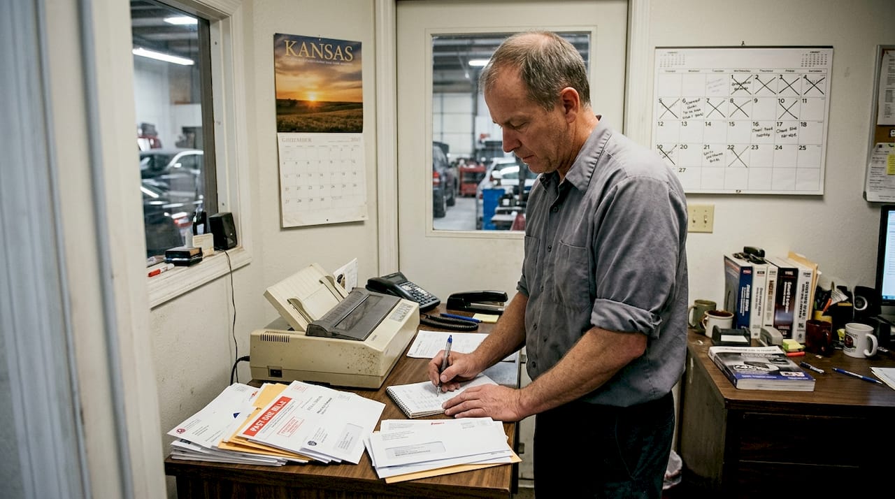 Owner reviews cash flow documents in shop office