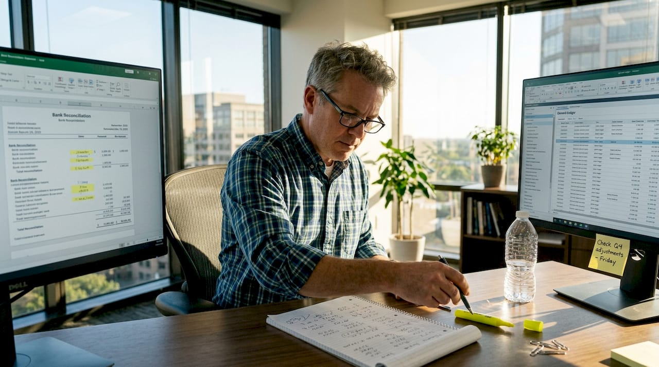 Professional bookkeeper reviewing reconciliation at tidy desk