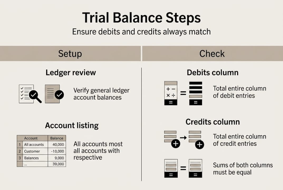 Infographic showing trial balance steps and checks