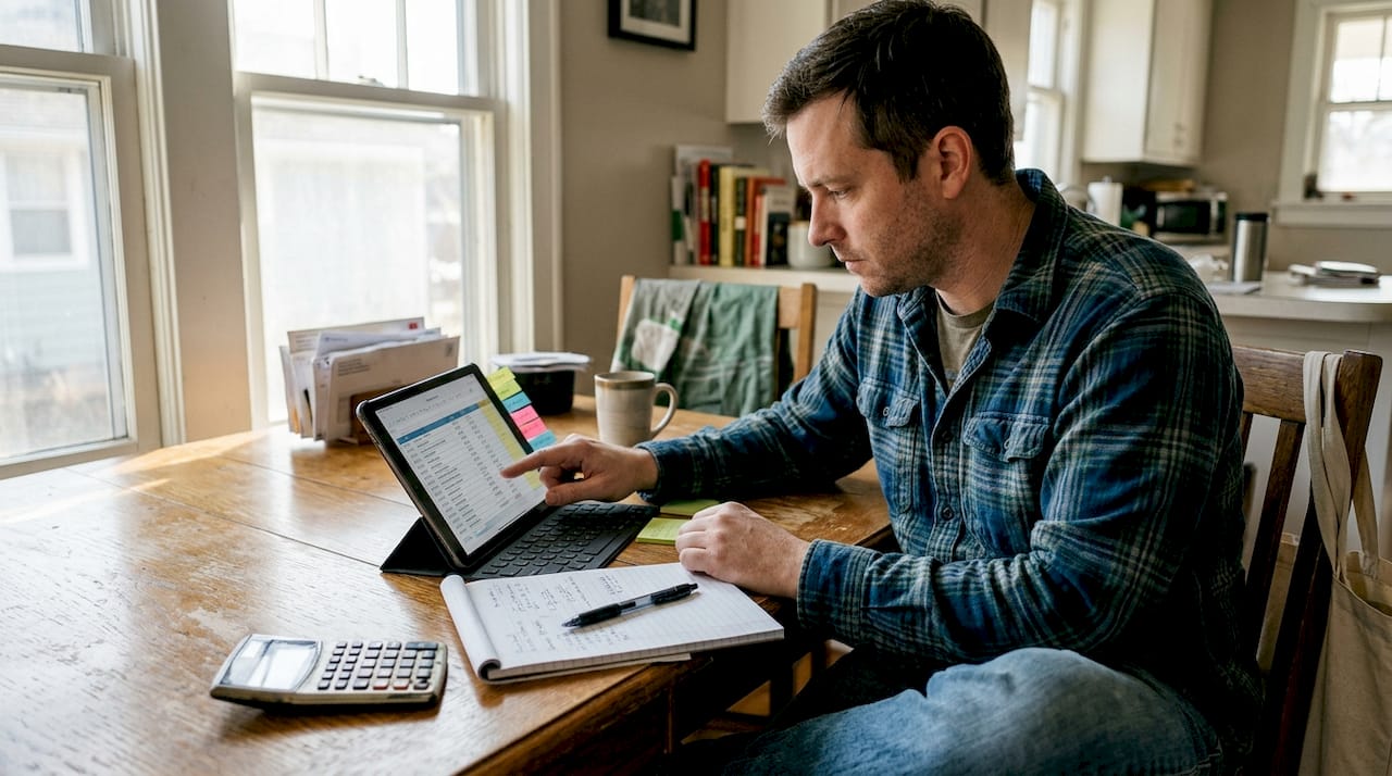 Bookkeeper updating transaction spreadsheet at home
