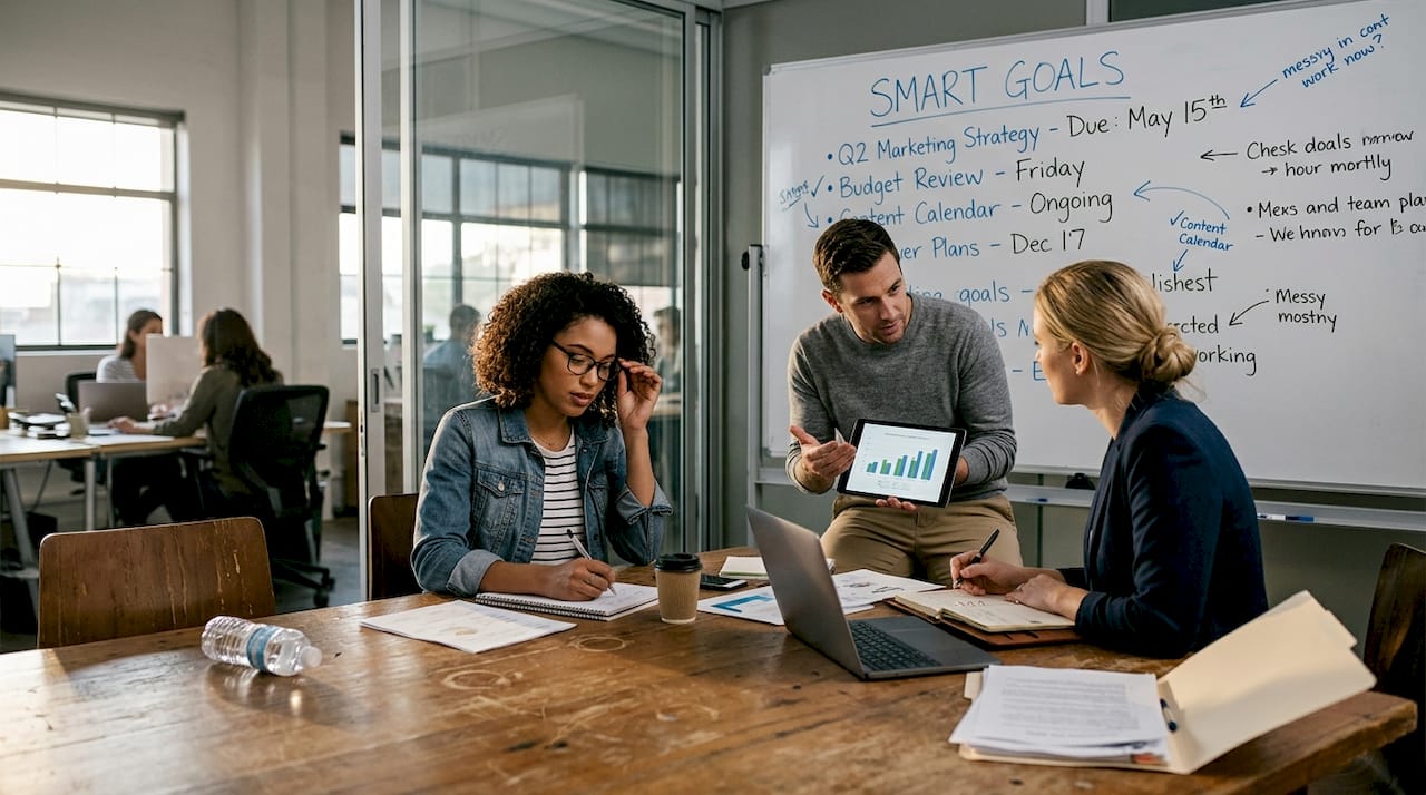 Team reviewing SMART business goals together