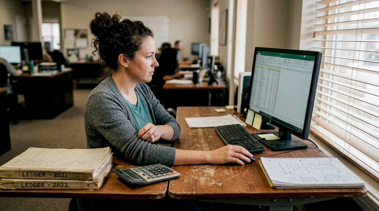 Bookkeeper checking financial spreadsheet in shared office