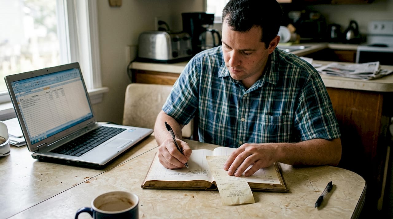 Owner recording bookkeeping entry at home table