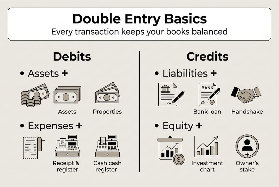 Double entry accounting infographic: debits vs. credits