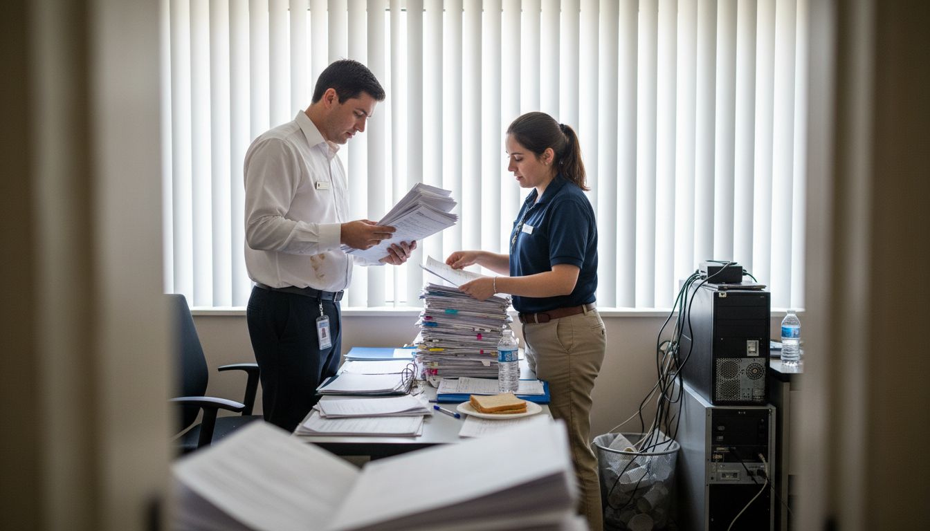 Hotel staff sorting guest forms and documents