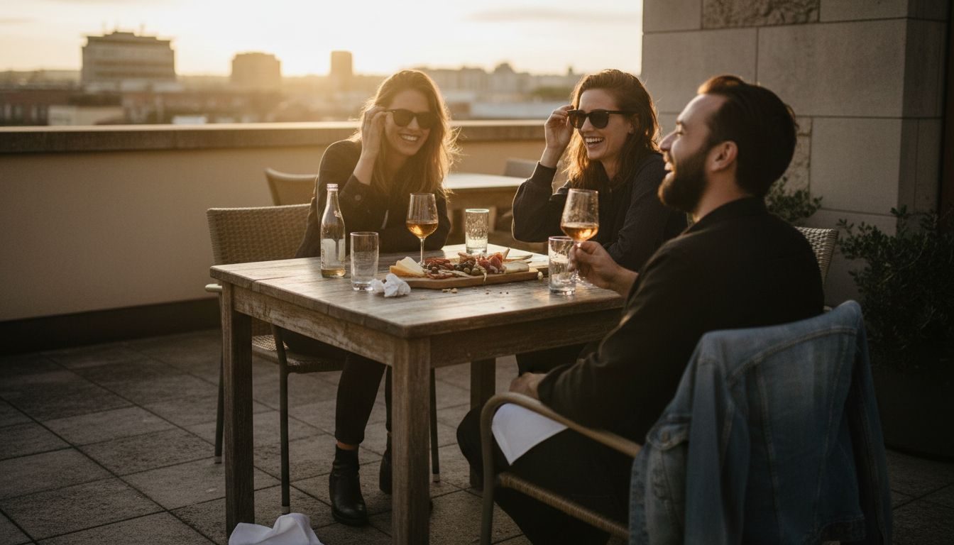 Friends relaxing on hotel terrace at sunset