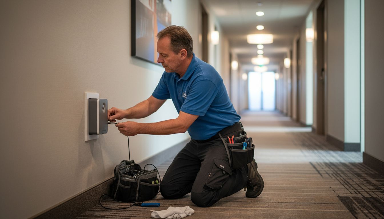 Technician installs music technology in hotel hallway