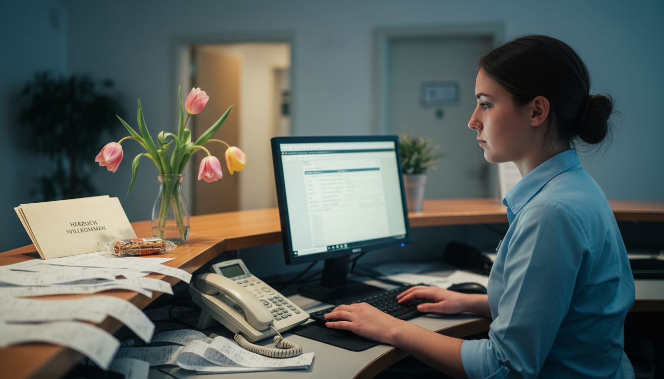 An der belebten Rezeption kümmert sich die Empfangsmitarbeiterin routiniert um die Anliegen der Gäste.