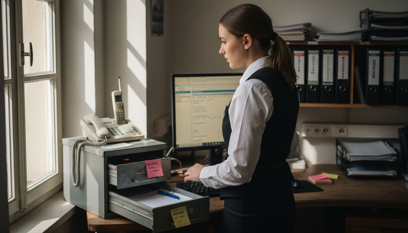Mitarbeiter an der Hotelrezeption arbeiten mit digitalen Anwendungen am Schreibtisch.