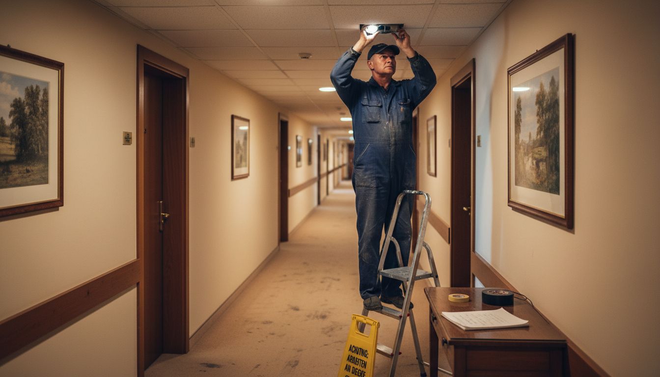 Ein Haustechniker bringt im Hotelflur eine LED-Leuchte auf den neuesten Stand.