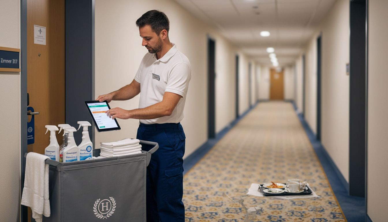 Eine Hotel-Reinigungskraft organisiert ihre Aufgaben mit digitalen Tools direkt auf dem Flur.