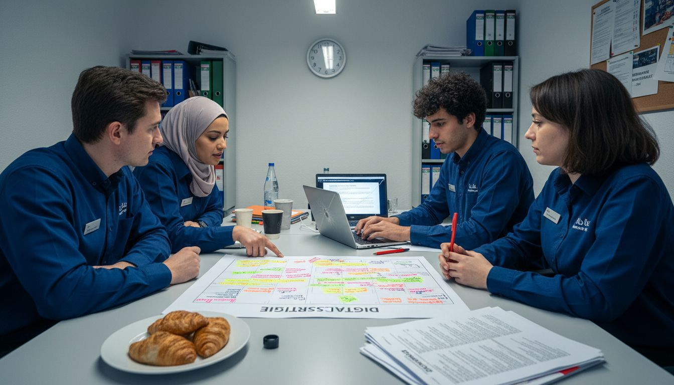 Das Hotelteam berät sich über die digitale Ausrichtung und plant gemeinsam die nächsten Schritte für die Online-Strategie.