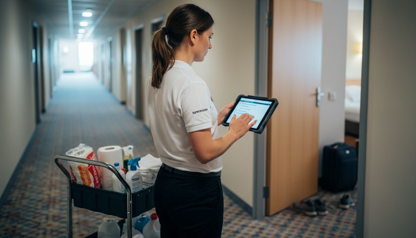 Eine Führungskraft überprüft mit einem Tablet den Flur im Hotel.