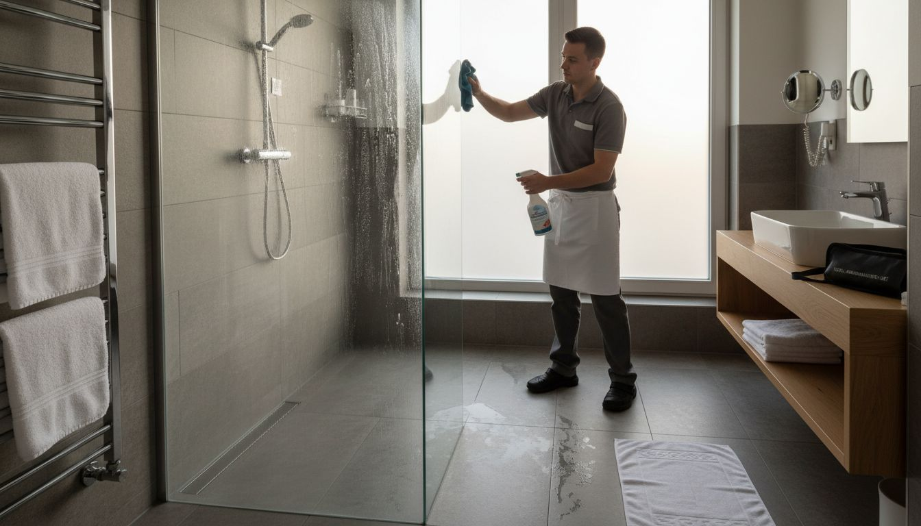 Das Reinigungspersonal trägt einen Schutz auf die Glasdusche im Hotel auf.