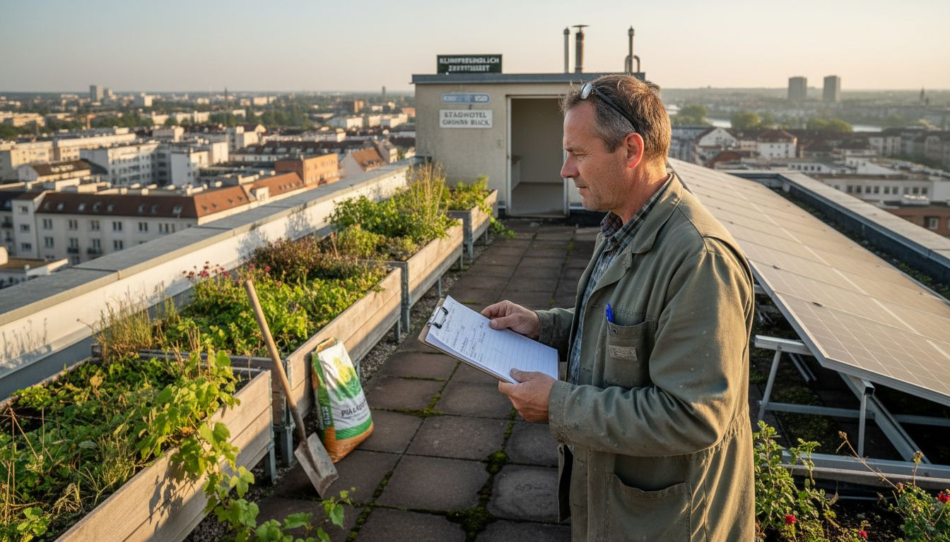 Ein Mitarbeiter überprüft die Solaranlagen und den Dachgarten eines Hotels.