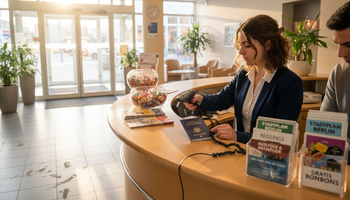 Eine Empfangsmitarbeiterin prüft die Daten eines Gastes am digitalen Check-in-Terminal.
