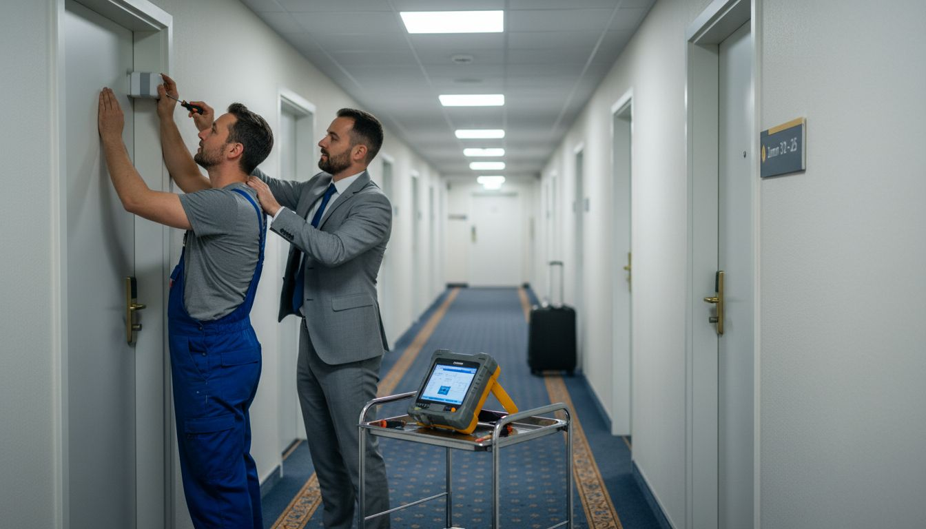 Mitarbeiter bringen einen Datensensor auf dem Hotelflur an.