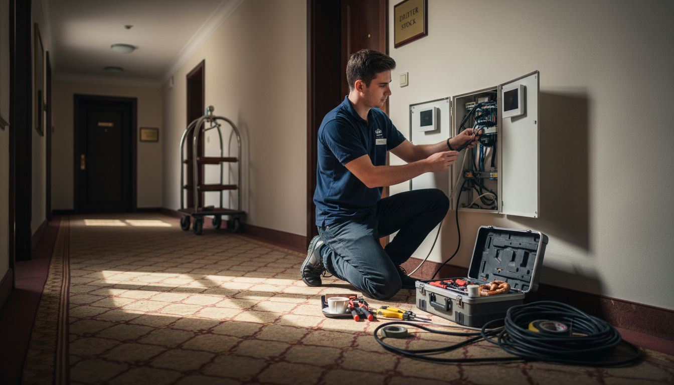 Ein Servicetechniker richtet neue Geräte auf dem Hotelflur ein.