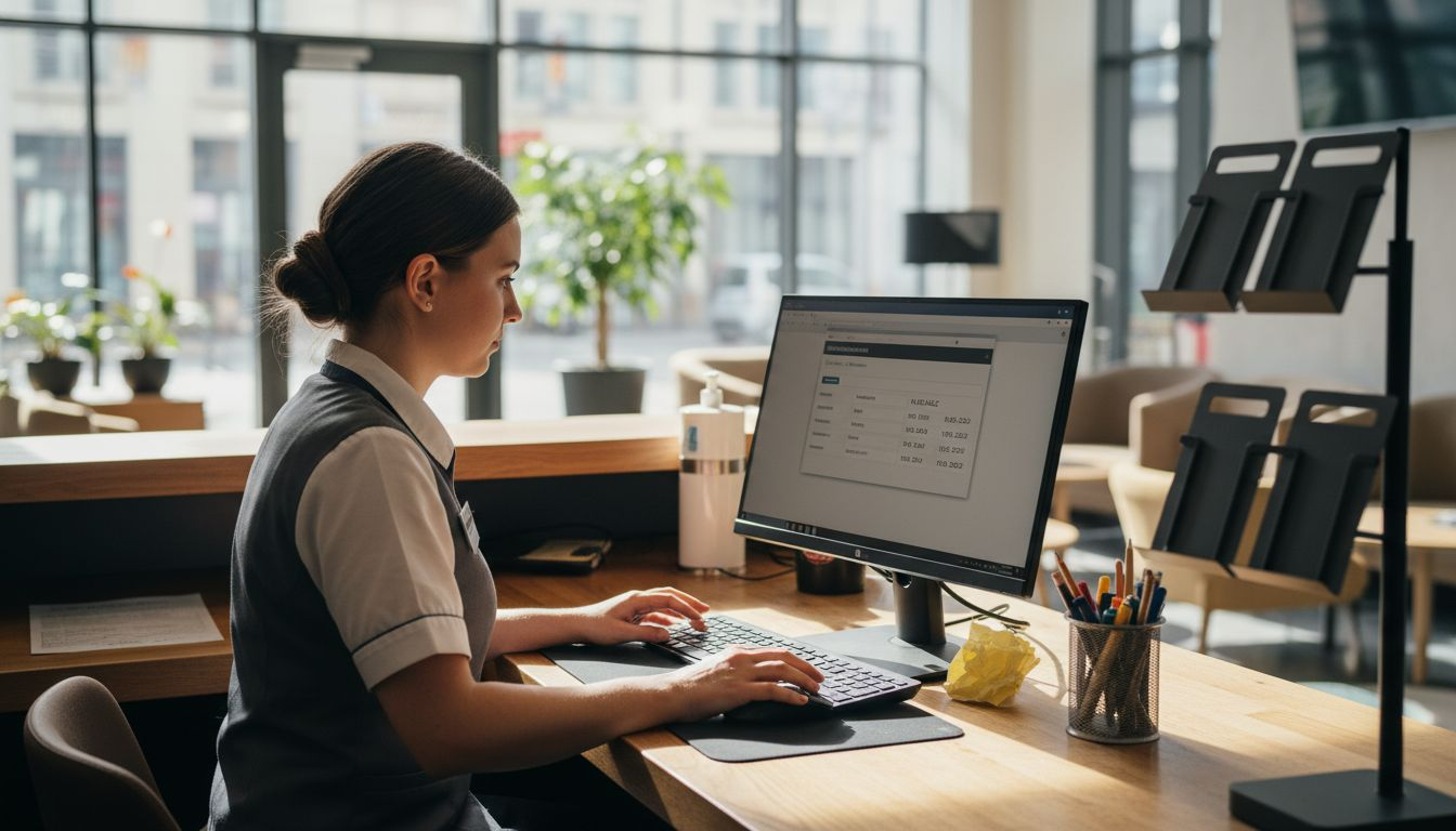 An der Rezeption kümmert sich eine Mitarbeiterin am Computer um die Anliegen der Hotelgäste.