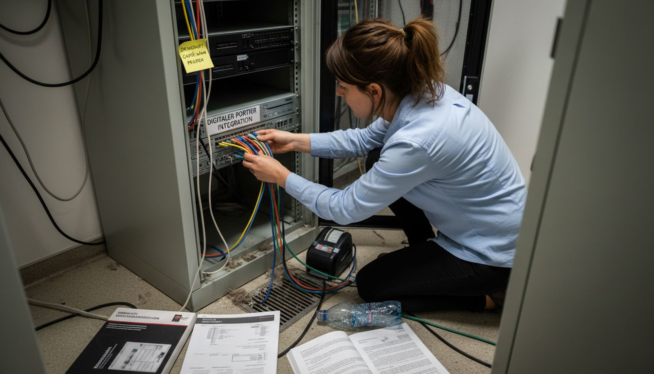 Ein Techniker überprüft die Serveranlagen im Hotel und sorgt dafür, dass alles reibungslos läuft.