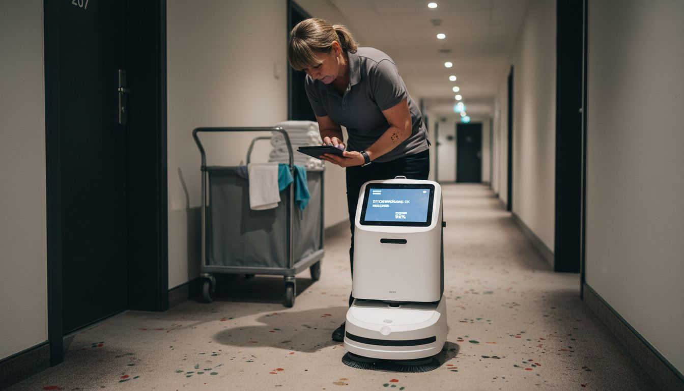 Ein Mitarbeiter des Hotels kontrolliert den Reinigungsroboter, bevor dieser das Zimmer betritt.