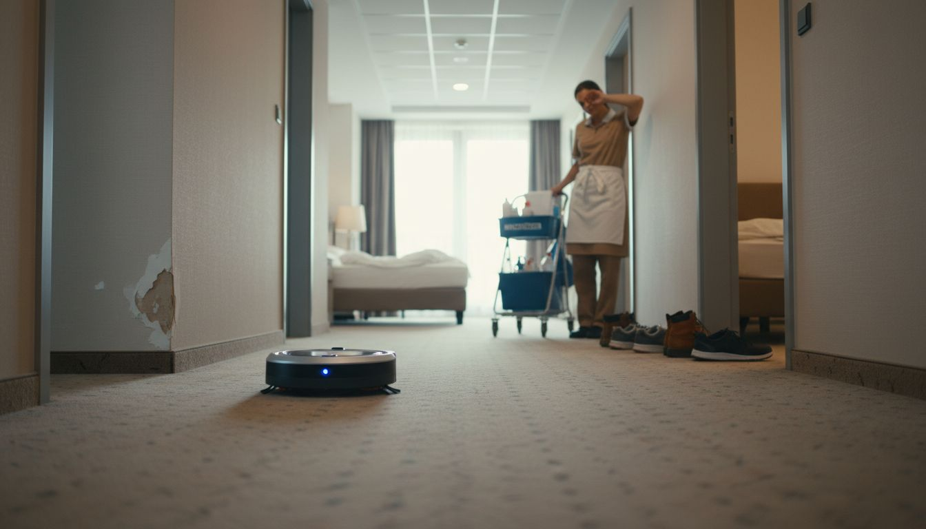 Ein Reinigungsroboter fährt durch den Hotelflur und wird dabei von Mitarbeitenden begleitet.