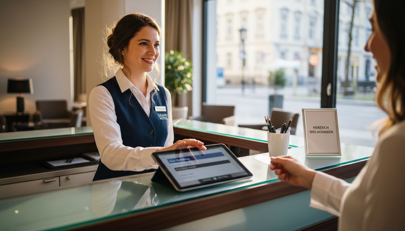 Die Rezeptionistin nutzt ein Tablet, um Gäste einzuchecken.