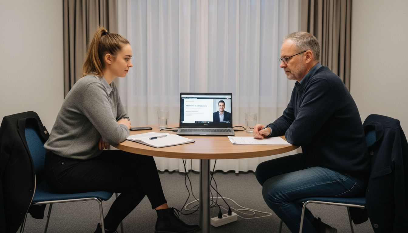 Mitarbeitende eignen sich mit dem Laptop den Umgang mit digitalen Tools an.