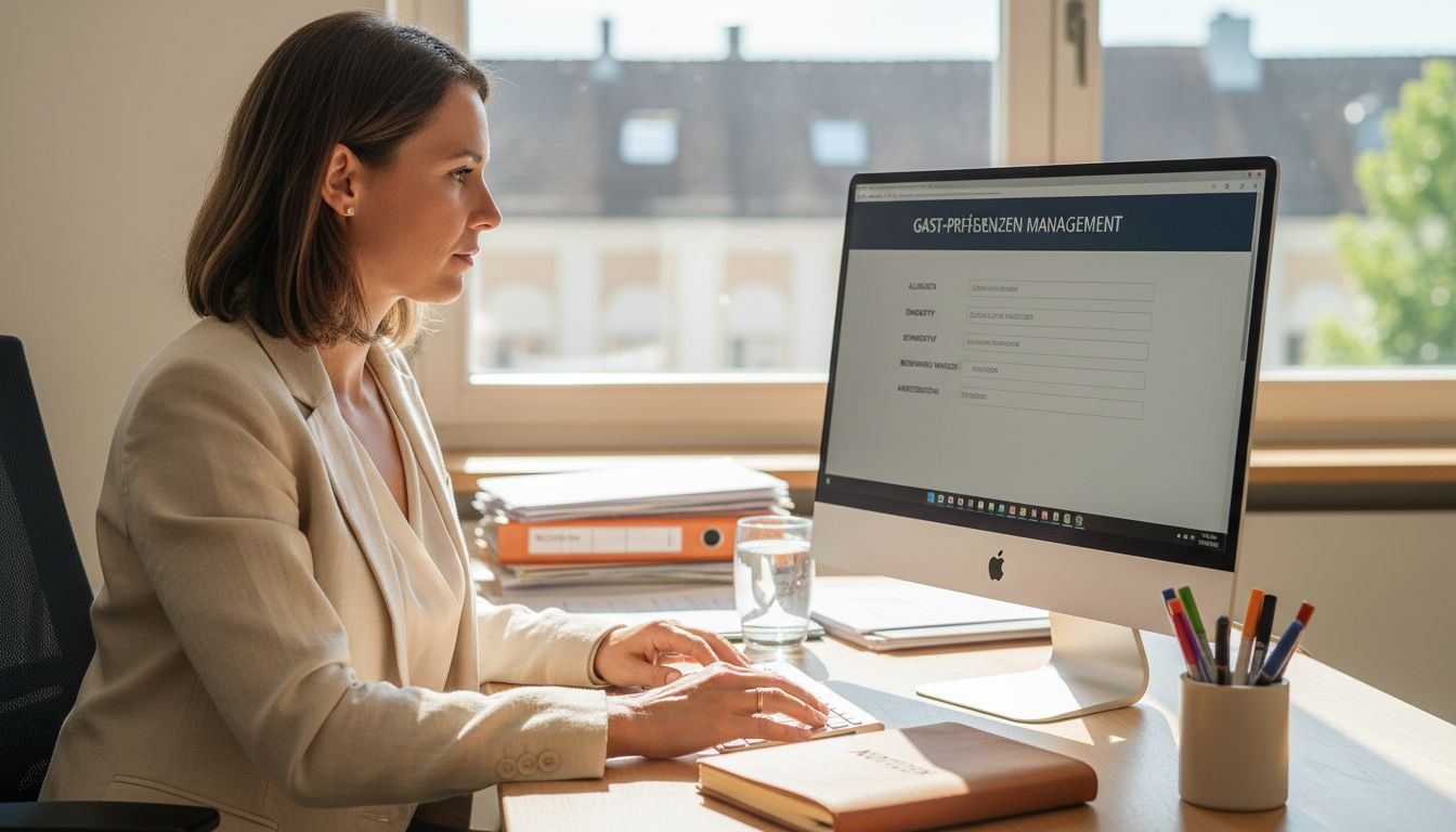 Der Hoteldirektor pflegt die Gästedaten am Computer und hält sie stets auf dem neuesten Stand.